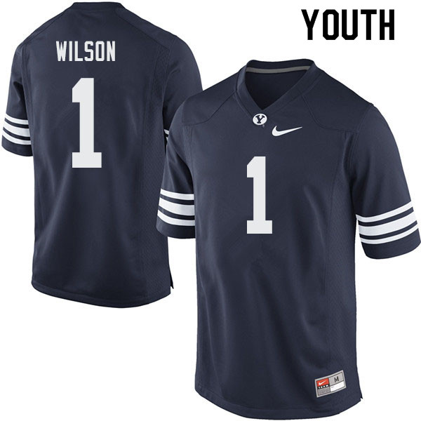Youth #1 Zach Wilson BYU Cougars College Football Jerseys Sale-Navy - Click Image to Close
